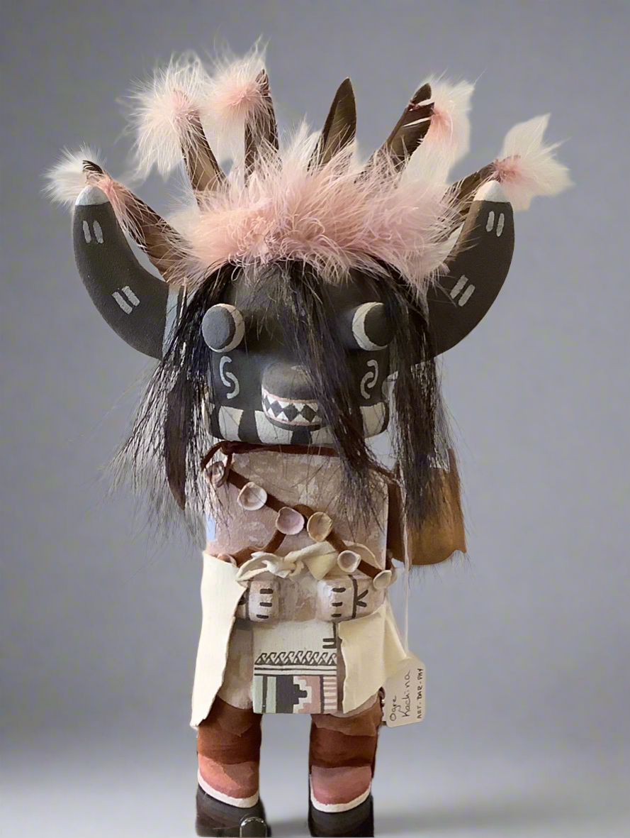 Vintage hopi wood carved store flat ogre kachina, hopi mowa katsina doll