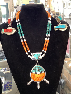 JT 56 SS Inlaid Shell Pendant w/ Spiny Oyster, Turquoise, Multi Stone Necklace