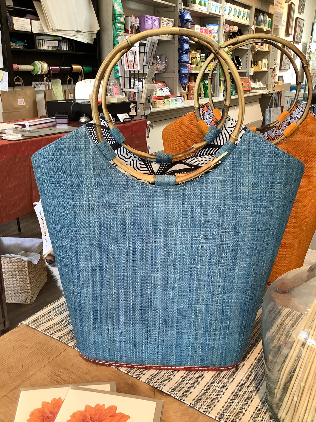 SB Straw Bucket Bag bamboo handles denim