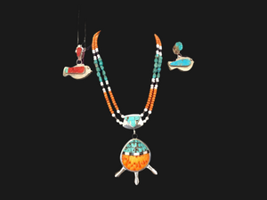 JT 56 SS Inlaid Shell Pendant w/ Spiny Oyster, Turquoise, Multi Stone Necklace