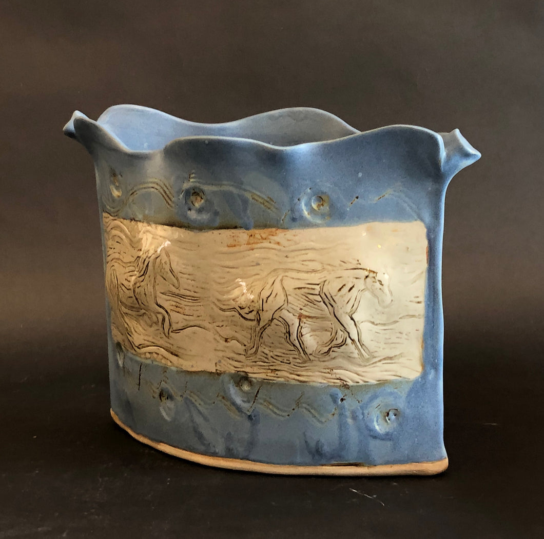 Blue Horse Pocket Vase (Horizontal) by Barbara King, BK18 - Ceramic Sculptures - Cerrillos Station | Fine Art Gallery, Native American Jewelry & Shop