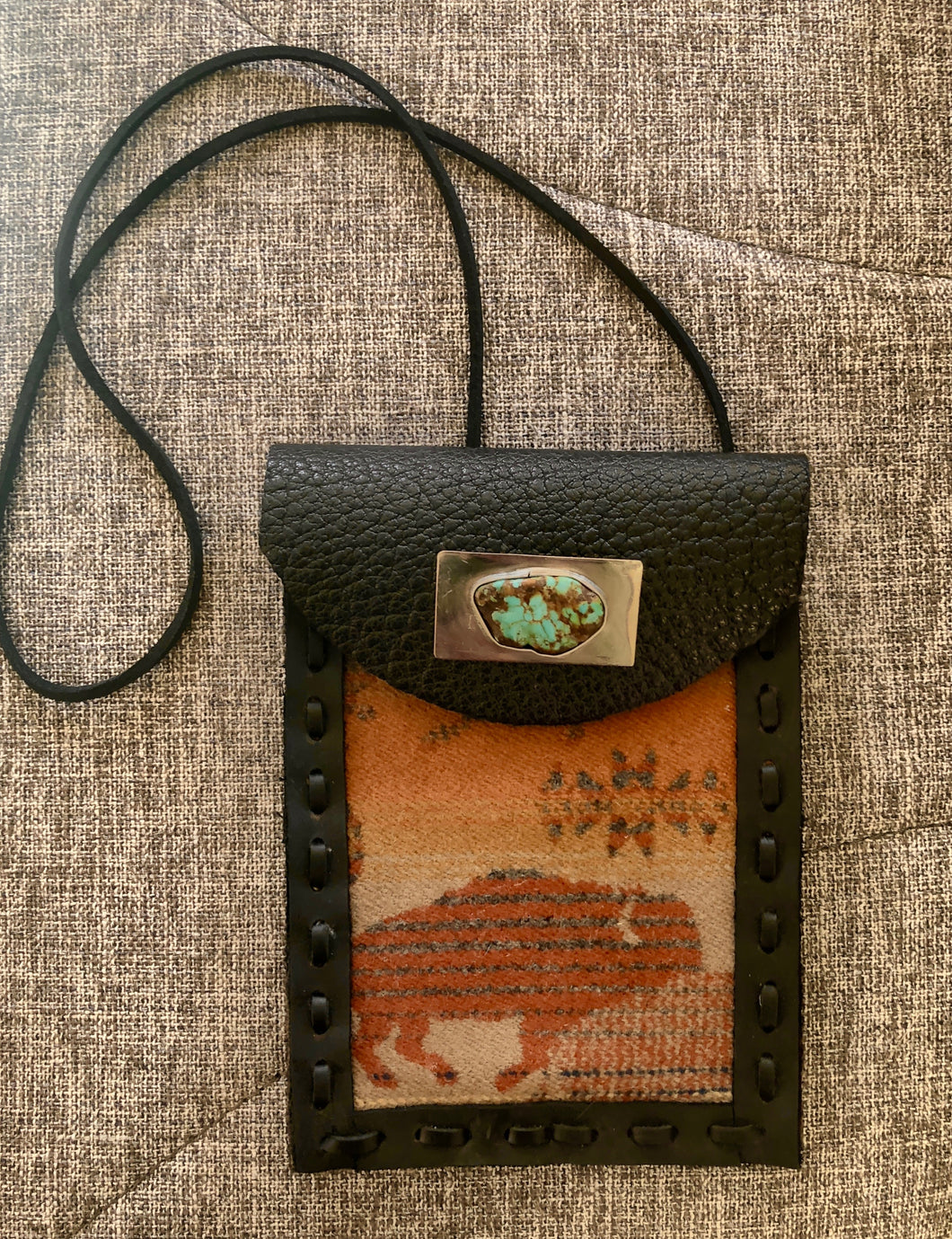 TM3, Leather Cell Phone Pouch with Brown Pendleton fabric and Turquoise and SS accent