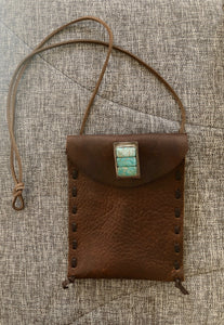 TM7, Brown Leather Cell Phone Pouch with Silver and Kingman Turquoise accent