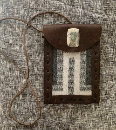 TM1, Leather Cell Phone Pouch with Gray Pendleton fabric and Turquoise and SS accent