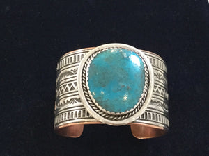 CT22 Christine Toledo Copper/Sterling/Turquoise Cuff - - Cerrillos Station | Fine Art Gallery, Native American Jewelry & Shop