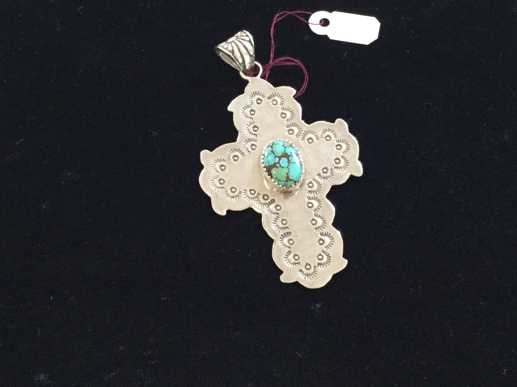 RAH9 Large SS cross with oval turquoise pendant - - Cerrillos Station | Fine Art Gallery, Native American Jewelry & Shop